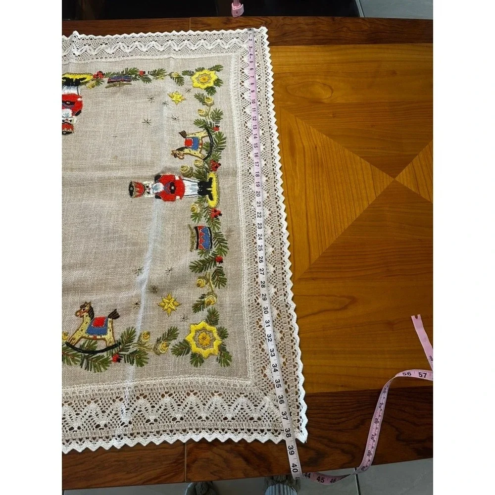 Vintage‎ Christmas Nutcracker Rocking Horse Embroidered Lace Square Tablecloth